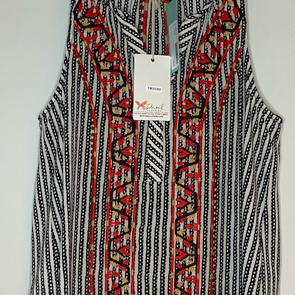 THML Black and White Striped Blouse with Red Accents